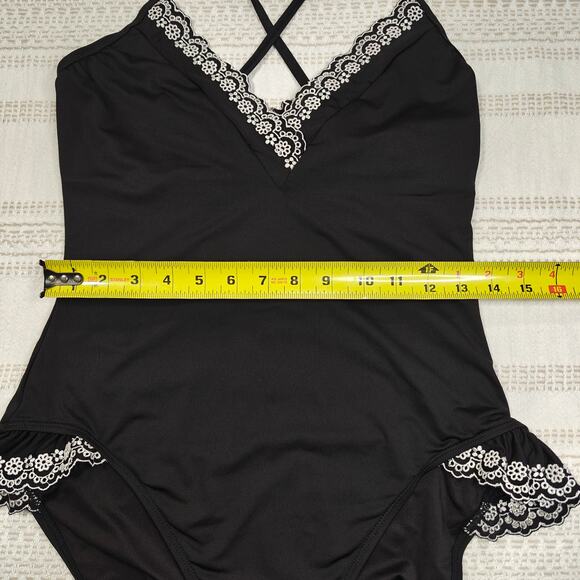 Studio Anne Cole Black One Piece Swimsuit White Lace Trim Size 14 NEW - Picture 3 of 6